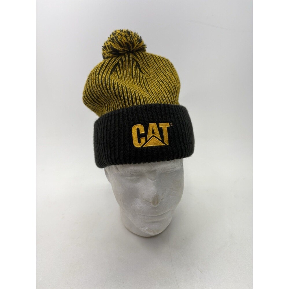 CAT Caterpillar Norscot Pom Beanie Hat Black Yellow Knit Winter Workwear